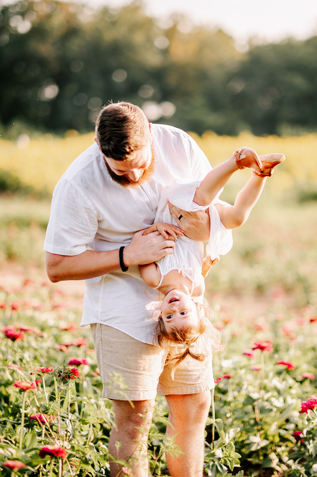 A dad flips his toddler daughter upside down as they play in a field of flowers