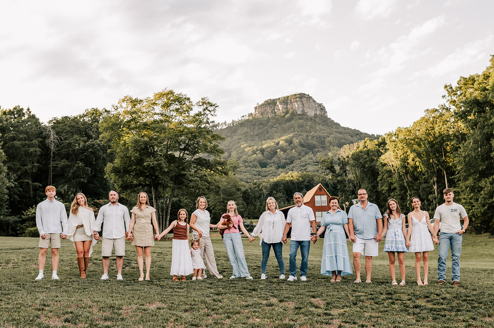 A large extended family stands in a line holding hands at sunset in a lawn